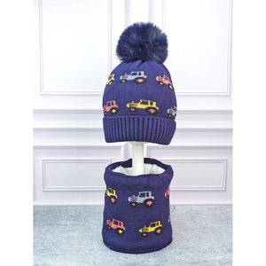 2pcs Blue Red Cars themed Beanie Winter Cap with matching Neck Cuff style Muffler for Kids, 5 - 10 Years - 5 - 10 Years Winter Wear