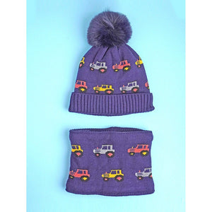 2pcs Blue Red Cars themed Beanie Winter Cap with matching Neck Cuff style Muffler for Kids, 5 - 10 Years - 5 - 10 Years Winter Wear