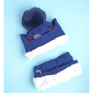 2pcs Blue & Red Dino themed Beanie Winter Cap with matching Neck Cuff style Muffler for Kids, 5 - 15 Years - 5 - 15 Years Winter Wear