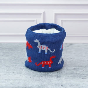 2pcs Blue & Red Dino themed Beanie Winter Cap with matching Neck Cuff style Muffler for Kids, 5 - 15 Years - 5 - 15 Years Winter Wear