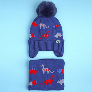 2pcs Blue & Red Dino themed Beanie Winter Cap with matching Neck Cuff style Muffler for Kids, 5 - 15 Years - 5 - 15 Years Winter Wear