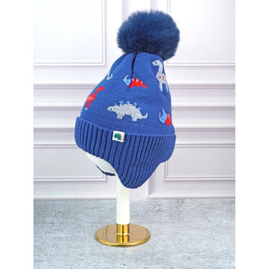 2pcs Blue & Red Dino themed Beanie Winter Cap with matching Neck Cuff style Muffler for Kids, 5 - 15 Years - 5 - 15 Years Winter Wear