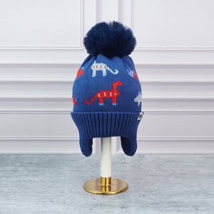 2pcs Blue & Red Dino themed Beanie Winter Cap with matching Neck Cuff style Muffler for Kids, 5 - 15 Years - 5 - 15 Years Winter Wear