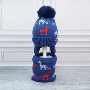 2pcs Blue & Red Dino themed Beanie Winter Cap with matching Neck Cuff style Muffler for Kids, 5 - 15 Years - 5 - 15 Years Winter Wear