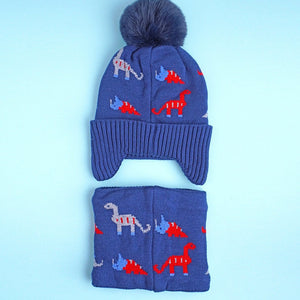 2pcs Blue & Red Dino themed Beanie Winter Cap with matching Neck Cuff style Muffler for Kids, 5 - 15 Years - 5 - 15 Years Winter Wear