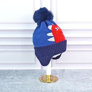 2pcs Blue Red Face Dino themed Beanie Winter Cap with matching Neck Cuff style Muffler for Kids - Winter Wear