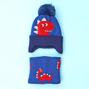 2pcs Blue Red Face Dino themed Beanie Winter Cap with matching Neck Cuff style Muffler for Kids - Winter Wear