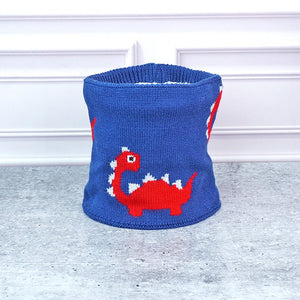 2pcs Blue Red Face Dino themed Beanie Winter Cap with matching Neck Cuff style Muffler for Kids - Winter Wear