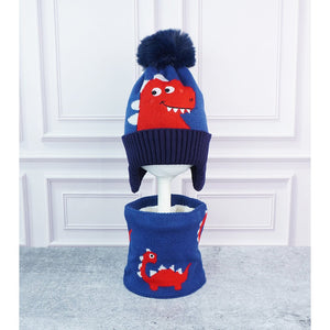 2pcs Blue Red Face Dino themed Beanie Winter Cap with matching Neck Cuff style Muffler for Kids - Winter Wear