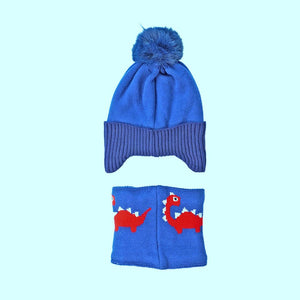 2pcs Blue Red Face Dino themed Beanie Winter Cap with matching Neck Cuff style Muffler for Kids - Winter Wear