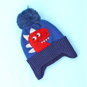 2pcs Blue Red Face Dino themed Beanie Winter Cap with matching Neck Cuff style Muffler for Kids - Winter Wear
