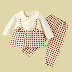 2pcs Brown Checks Long Frock style Top with matching full Pants - 12 - 18 Months Kids Clothing