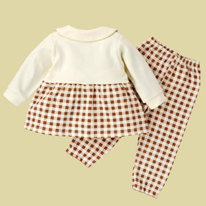 2pcs Brown Checks Long Frock style Top with matching full Pants - 12 - 18 Months Kids Clothing