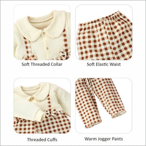 2pcs Brown Checks Long Frock style Top with matching full Pants - 12 - 18 Months Kids Clothing