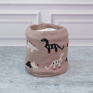 2pcs Brown Dino themed Beanie Winter Cap with matching Neck Cuff style Muffler for Kids, 5 - 15 Years - 5 - 15 Years Winter Wear