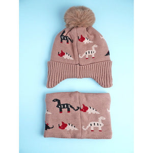2pcs Brown Dino themed Beanie Winter Cap with matching Neck Cuff style Muffler for Kids, 5 - 15 Years - 5 - 15 Years Winter Wear