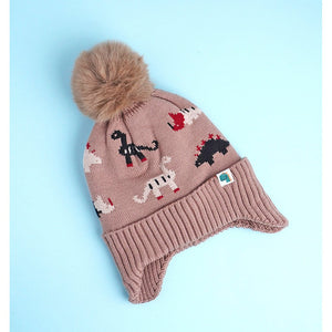 2pcs Brown Dino themed Beanie Winter Cap with matching Neck Cuff style Muffler for Kids, 5 - 15 Years - 5 - 15 Years Winter Wear