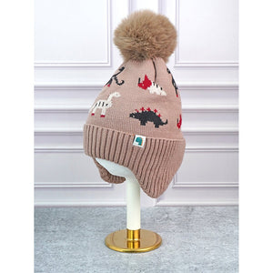 2pcs Brown Dino themed Beanie Winter Cap with matching Neck Cuff style Muffler for Kids, 5 - 15 Years - 5 - 15 Years Winter Wear