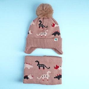 2pcs Brown Dino themed Beanie Winter Cap with matching Neck Cuff style Muffler for Kids, 5 - 15 Years - 5 - 15 Years Winter Wear