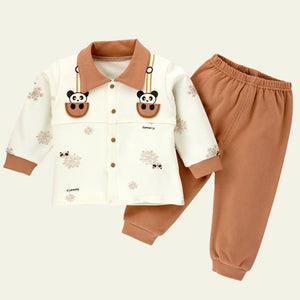 2pcs Brown Panda full sleeves shirt with matching Pants for Toddlers - 12 - 18 Months Kids Clothing