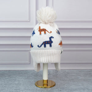 2pcs Cream Dino themed Beanie Winter Cap with matching Neck Cuff style Muffler for Kids, 5 - 15 Years - Winter Wear