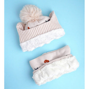 2pcs Cream Dino themed Beanie Winter Cap with matching Neck Cuff style Muffler for Kids, 5 - 15 Years - Winter Wear