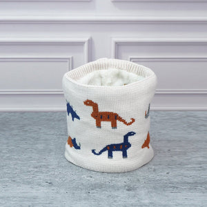 2pcs Cream Dino themed Beanie Winter Cap with matching Neck Cuff style Muffler for Kids, 5 - 15 Years - Winter Wear