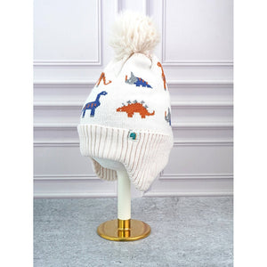 2pcs Cream Dino themed Beanie Winter Cap with matching Neck Cuff style Muffler for Kids, 5 - 15 Years - Winter Wear