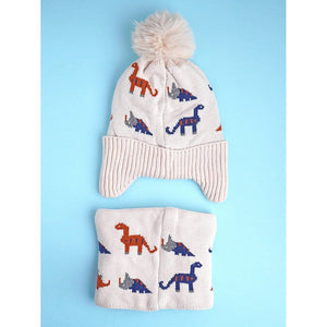 2pcs Cream Dino themed Beanie Winter Cap with matching Neck Cuff style Muffler for Kids, 5 - 15 Years - Winter Wear
