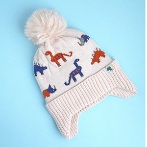 2pcs Cream Dino themed Beanie Winter Cap with matching Neck Cuff style Muffler for Kids, 5 - 15 Years - Winter Wear