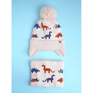 2pcs Cream Dino themed Beanie Winter Cap with matching Neck Cuff style Muffler for Kids, 5 - 15 Years - Winter Wear