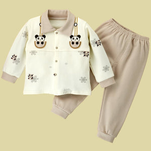 2pcs Cream Panda full sleeves shirt with matching Pants for Toddlers - 12 - 18 Months Kids Clothing