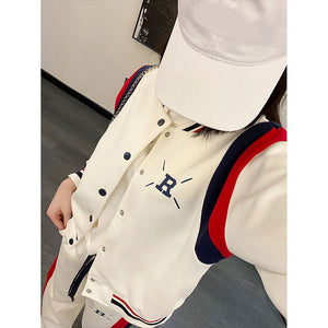 2Pcs Cream With Red And Navy Varsity Style Jacket With Matching Pants For Kids & Tweens - 5 - 6 Years Kids Clothing