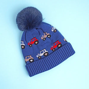 2pcs Dark Navy Cars themed Beanie Winter Cap with matching Neck Cuff style Muffler for Kids, 5 - 10 Years - 5 - 10 Years Winter Wear