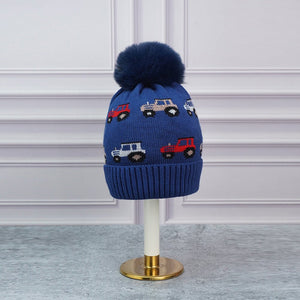 2pcs Dark Navy Cars themed Beanie Winter Cap with matching Neck Cuff style Muffler for Kids, 5 - 10 Years - 5 - 10 Years Winter Wear
