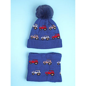 2pcs Dark Navy Cars themed Beanie Winter Cap with matching Neck Cuff style Muffler for Kids, 5 - 10 Years - 5 - 10 Years Winter Wear