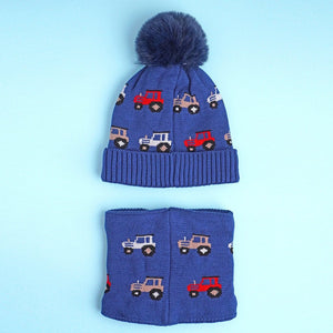 2pcs Dark Navy Cars themed Beanie Winter Cap with matching Neck Cuff style Muffler for Kids, 5 - 10 Years - 5 - 10 Years Winter Wear