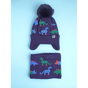 2pcs Dark Navy Dino themed Beanie Winter Cap with matching Neck Cuff style Muffler for Kids, 5 - 15 Years - 5 - 15 Years Winter Wear