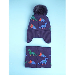 2pcs Dark Navy Dino themed Beanie Winter Cap with matching Neck Cuff style Muffler for Kids, 5 - 15 Years - 5 - 15 Years Winter Wear