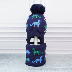 2pcs Dark Navy Dino themed Beanie Winter Cap with matching Neck Cuff style Muffler for Kids, 5 - 15 Years - 5 - 15 Years Winter Wear