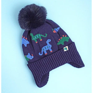 2pcs Dark Navy Dino themed Beanie Winter Cap with matching Neck Cuff style Muffler for Kids, 5 - 15 Years - 5 - 15 Years Winter Wear