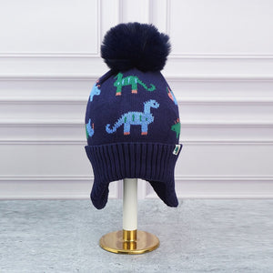 2pcs Dark Navy Dino themed Beanie Winter Cap with matching Neck Cuff style Muffler for Kids, 5 - 15 Years - 5 - 15 Years Winter Wear