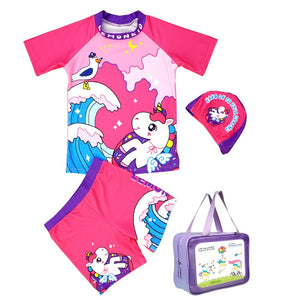 2pcs Dark Pink Unicorn Moon,Kids UPF 50+ Swimwear with matching Swim Cap&Free Washbag - 4 - 5 Years Swim