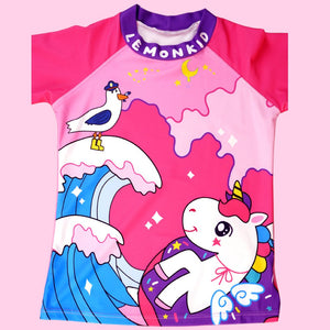2pcs Dark Pink Unicorn Moon,Kids UPF 50+ Swimwear with matching Swim Cap&Free Washbag - 4 - 5 Years Swim