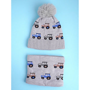 2pcs Grey Cars themed Beanie Winter Cap with matching Neck Cuff style Muffler for Kids, 5 - 10 Years - 5 - 10 Years Winter Wear