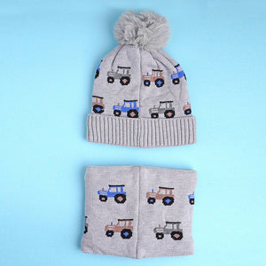 2pcs Grey Cars themed Beanie Winter Cap with matching Neck Cuff style Muffler for Kids, 5 - 10 Years - 5 - 10 Years Winter Wear