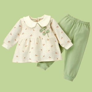 2pcs Light Green Little Florals and Bows Long Frock style Top with matching full Pants - 12 - 18 Months Kids Clothing