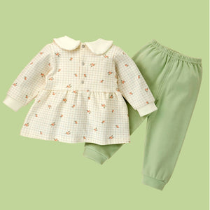 2pcs Light Green Little Florals and Bows Long Frock style Top with matching full Pants - 12 - 18 Months Kids Clothing