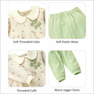 2pcs Light Green Little Florals and Bows Long Frock style Top with matching full Pants - 12 - 18 Months Kids Clothing