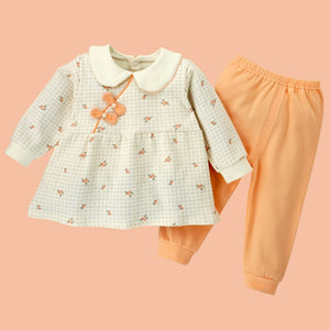 2pcs Light Peach Little Florals and Bows Long Frock style Top with matching full Pants - 12 - 18 Months Kids Clothing